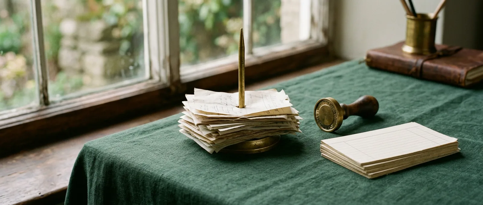 A brass receipt spike with a stack of paper receipts beside a brass stamp and ledger cards on a green linen table