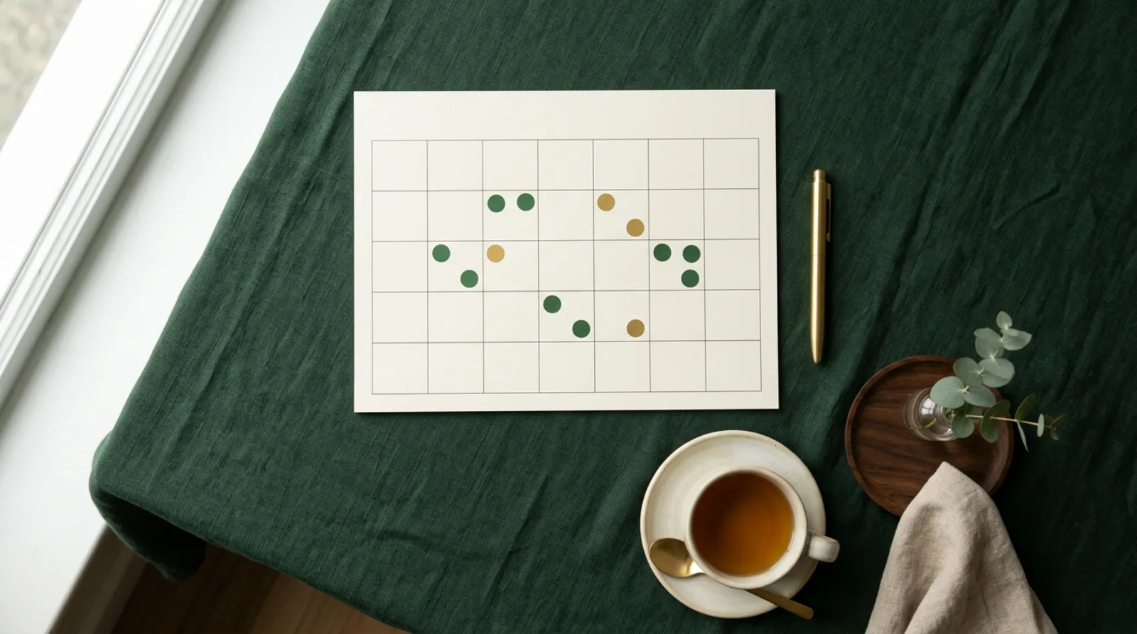A printed calendar grid marked with green and gold dots on a forest green tablecloth