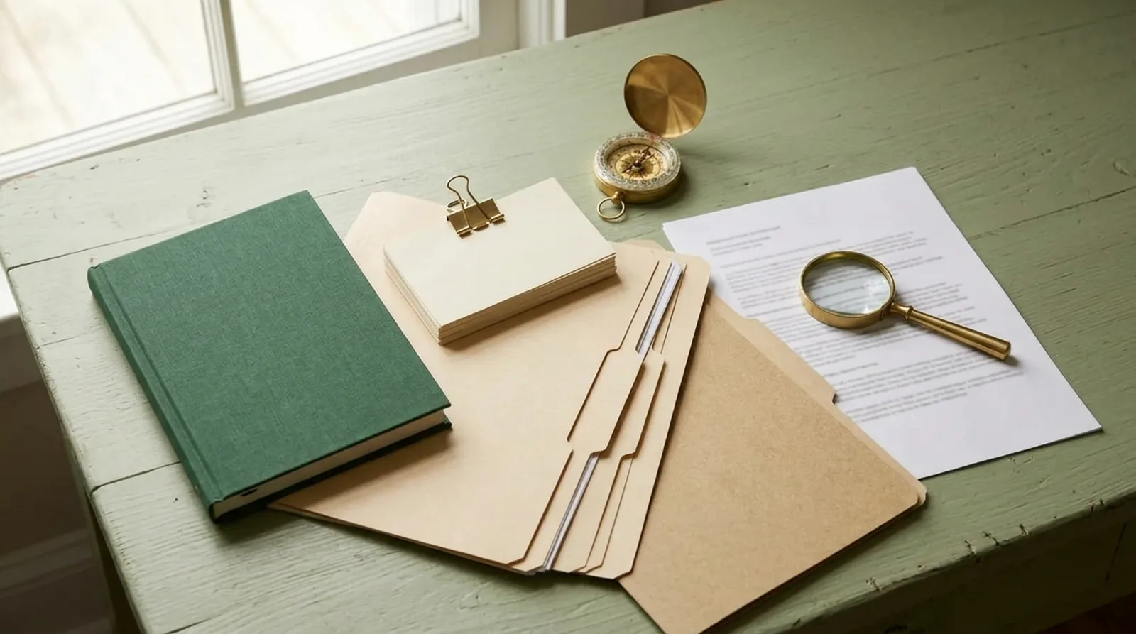 Manila folders, index cards, a brass compass, and a magnifying glass on a sage green desk