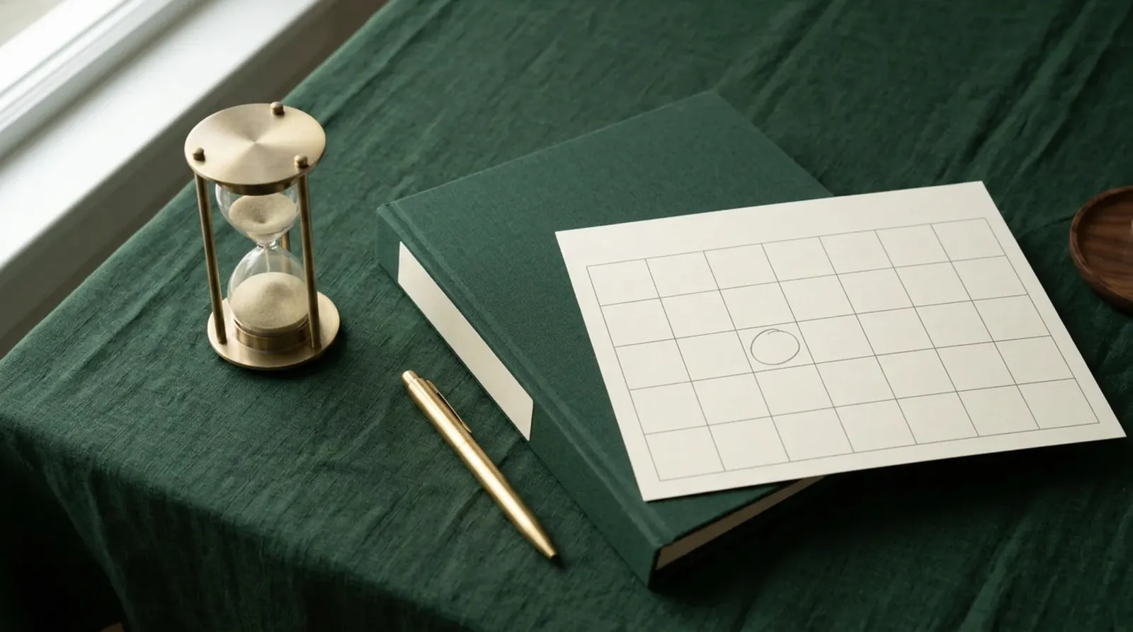 A brass hourglass beside a green audit binder and a blank wall calendar page on a linen table