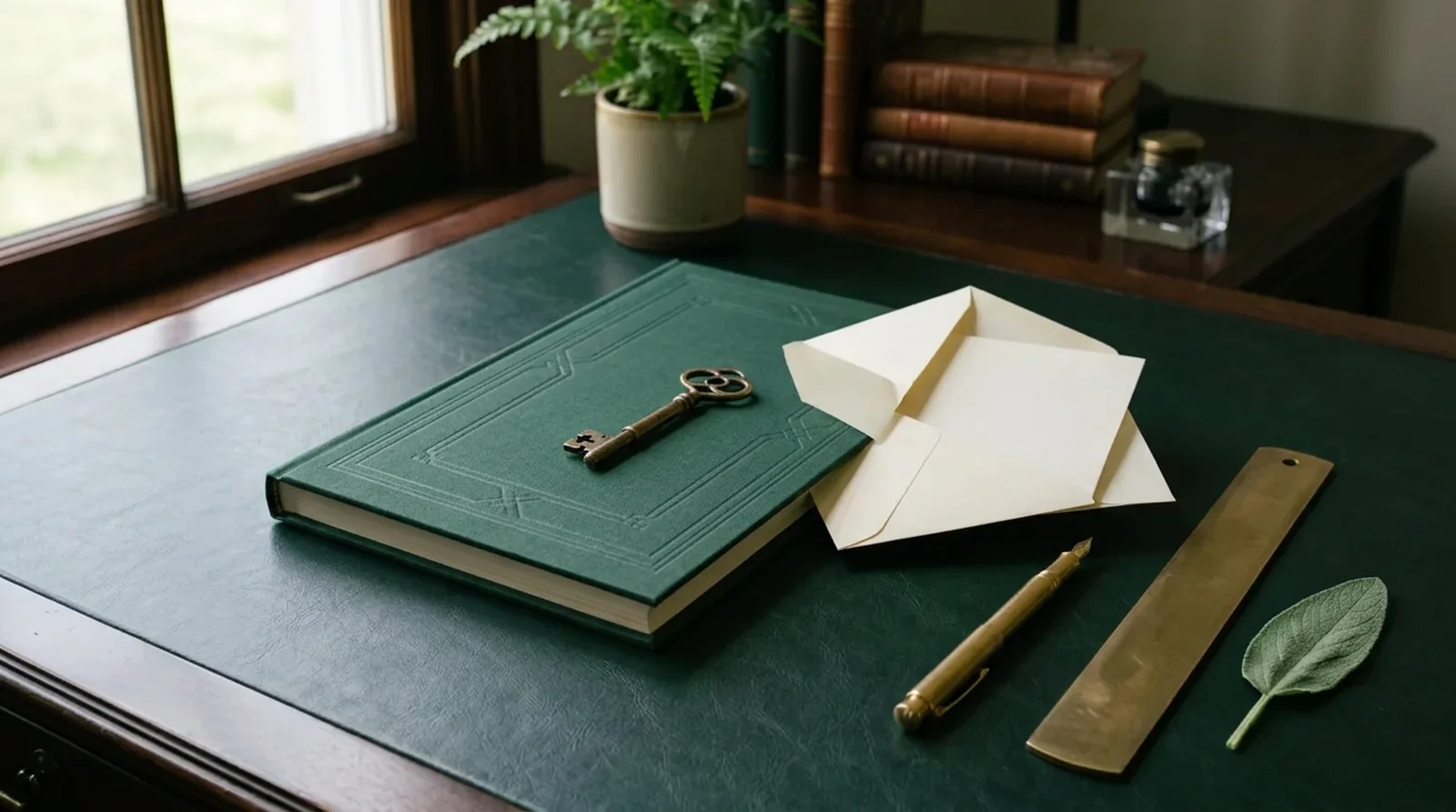 A new green ledger with a brass key on top, beside an opened envelope and a brass pen on a forest green desk