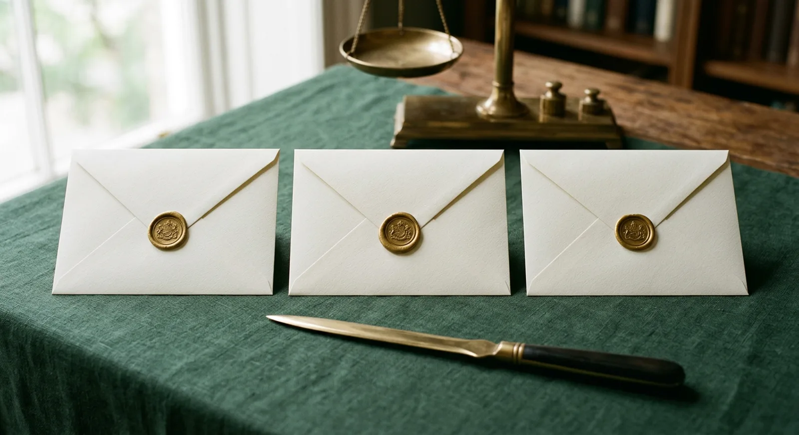 Three cream envelopes with gold wax seals in a row on a green linen table, a brass letter opener and a brass scale nearby