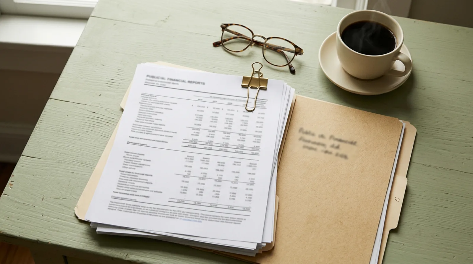 Financial documents laid out on a sage green desk